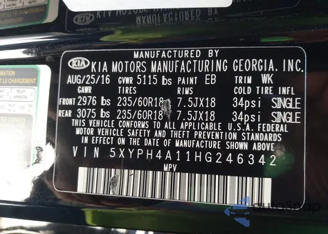 2017 Kia Sorento 2.0T Ex z USA, uszkodzony, nr VIN 5XYPH4A11HG246342